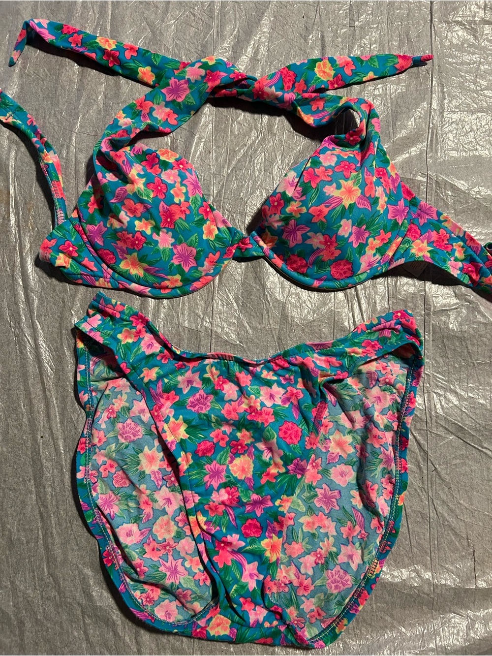 Vintage Victoria's Secret Teal Floral Bikini with Pink, Green & Yellow Accents.
